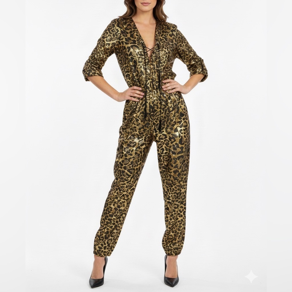 NWT Dundas Wilde Jumpsuit Lurex Metallic Leopard Jacquard Gold Black Sz 38